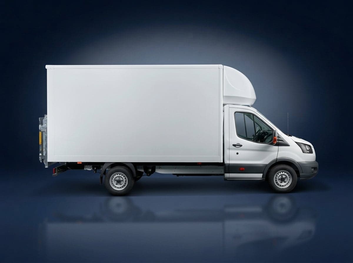 White Luton box van with a tail lift, side view