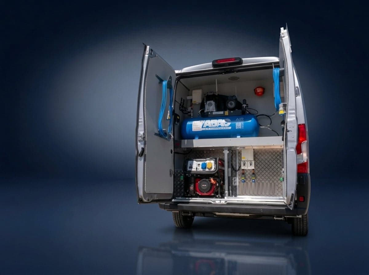 Utility van fitted with a compressor and generator, rear doors open
